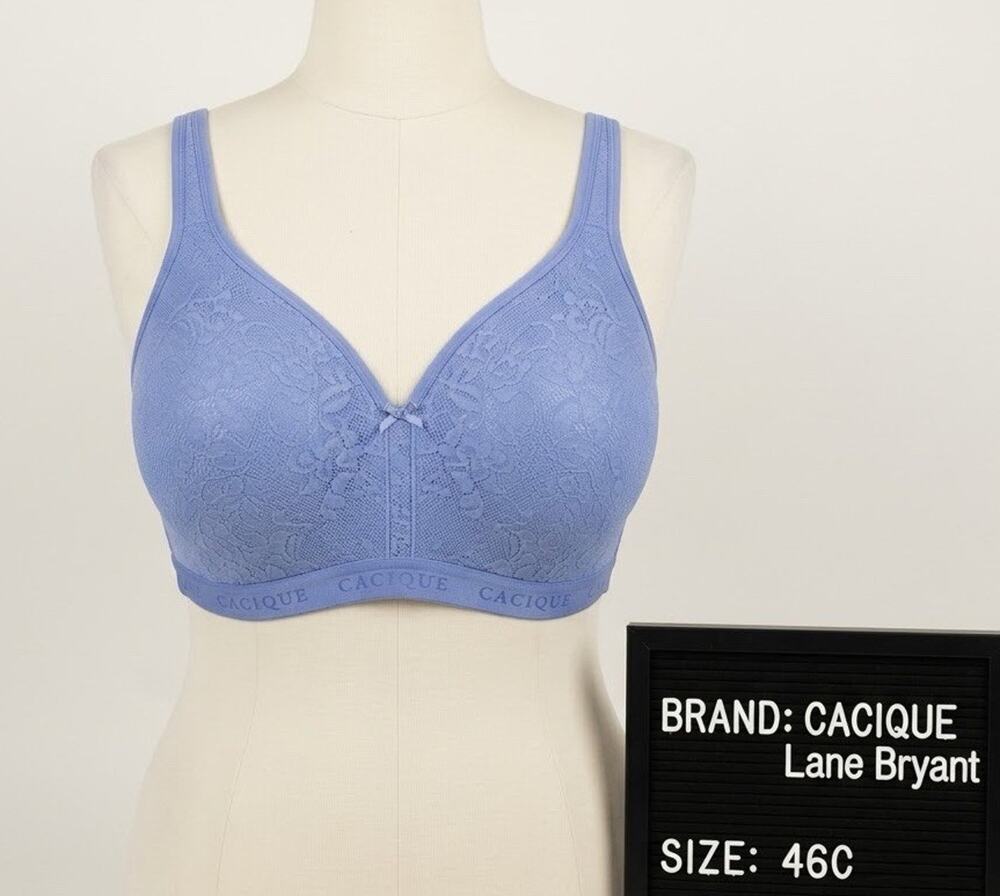 Cacique Lane Bryant Lightly Lined No-Wire Bra 46C Periwinkle Blue Floral Lace